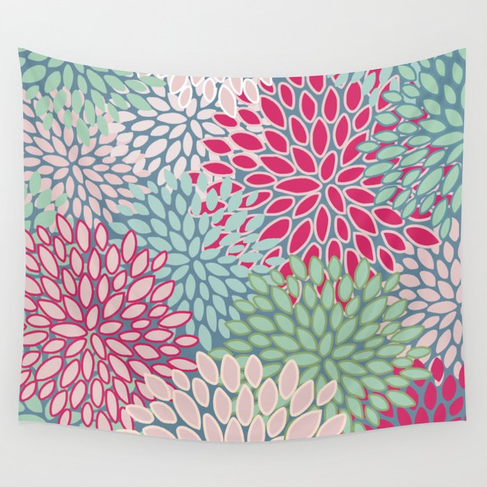 Festive, Floral Prints, Bright Pink, Teal and Green Wall Tapestry Gallery Image 4