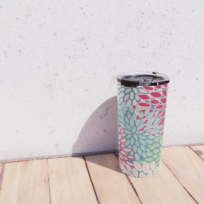 Festive, Floral Prints, Bright Pink, Teal and Green Travel Mug Gallery Image 4