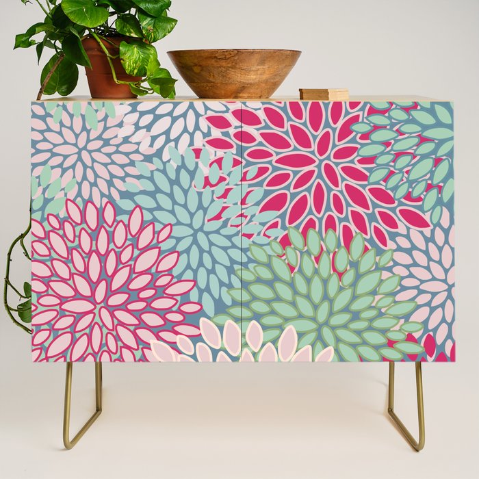 Festive, Floral Prints, Bright Pink, Teal and Green Credenza Gallery Image 1