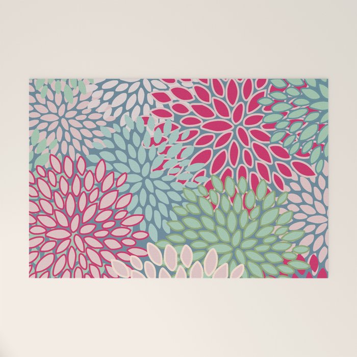 Festive, Floral Prints, Bright Pink, Teal and Green Welcome Mat Gallery Image 1