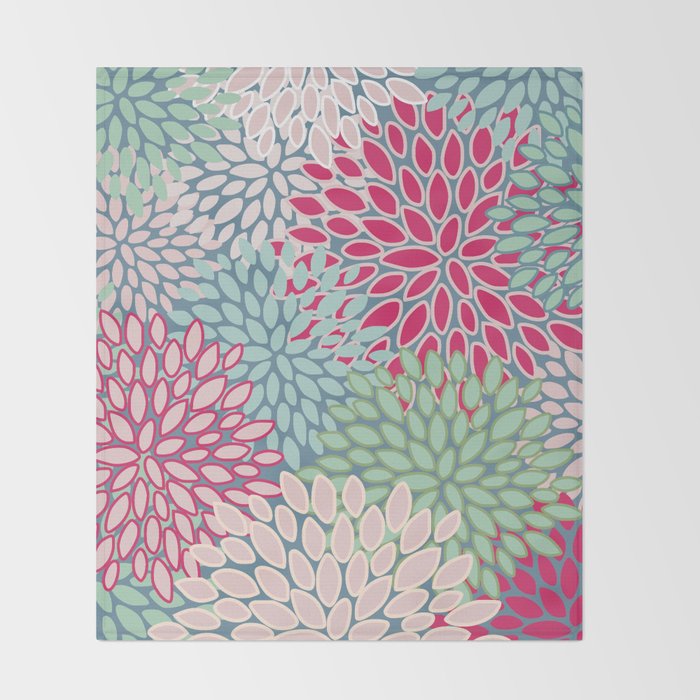 Festive, Floral Prints, Bright Pink, Teal and Green Throw Blanket Gallery Image 2