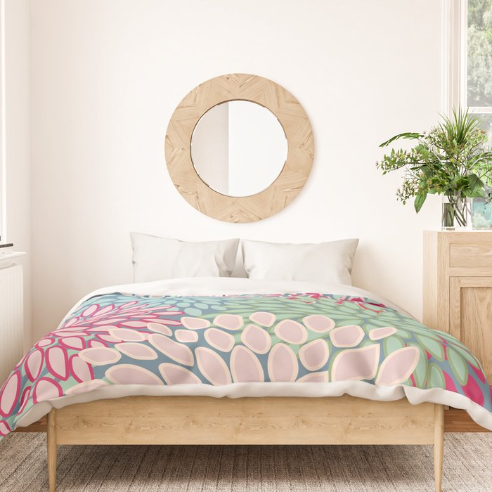 Festive, Floral Prints, Bright Pink, Teal and Green Duvet Cover Gallery Image 3