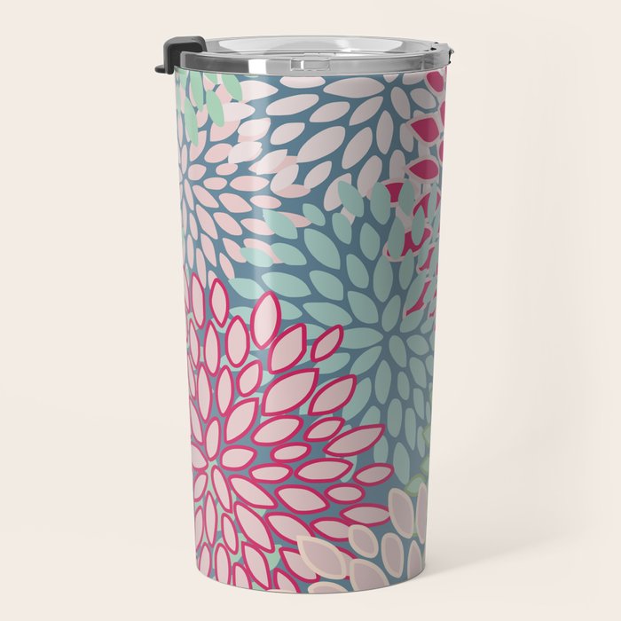 Festive, Floral Prints, Bright Pink, Teal and Green Travel Mug Gallery Image 3