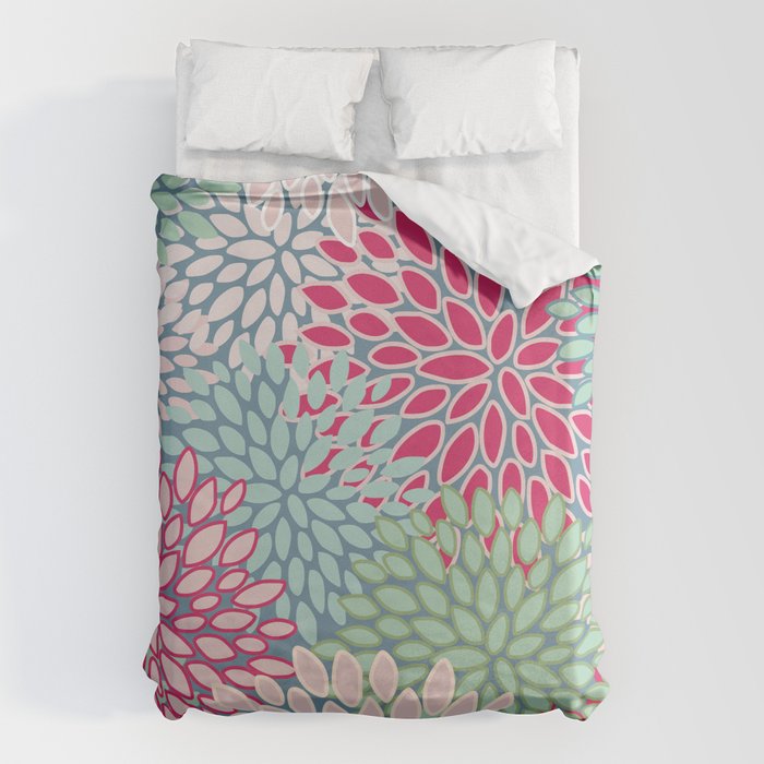 Festive, Floral Prints, Bright Pink, Teal and Green Duvet Cover Gallery Image 6