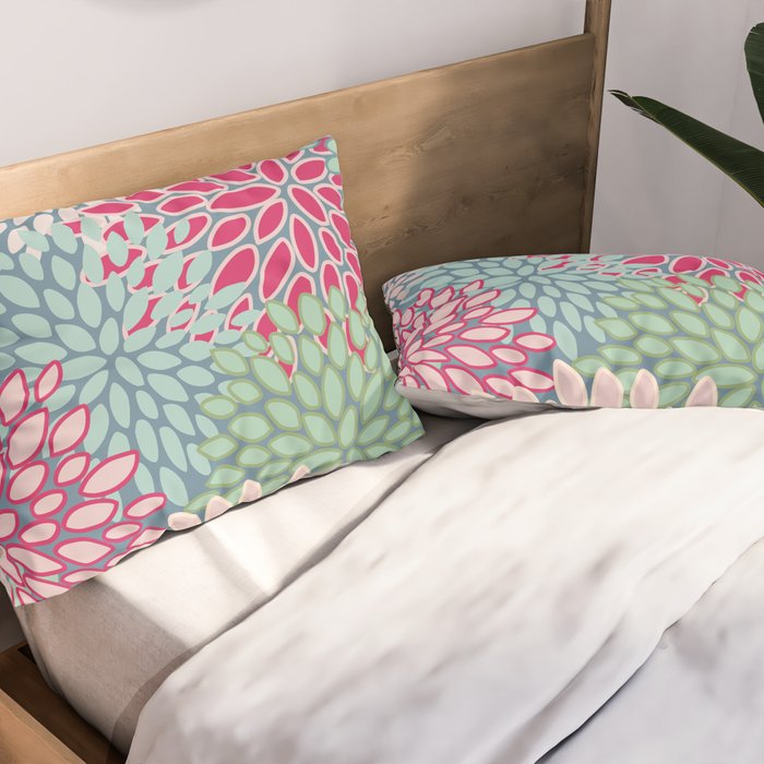 Festive, Floral Prints, Bright Pink, Teal and Green Pillow Sham Gallery Image 2