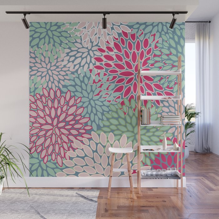 Festive, Floral Prints, Bright Pink, Teal and Green Wall Mural Gallery Image 1