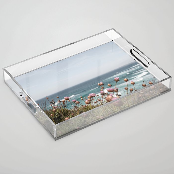 Pink Flowers by the Ocean | Travel Photography in Portugal Art Print | Summer at Bordeira Beach Acrylic Tray Gallery Image 1