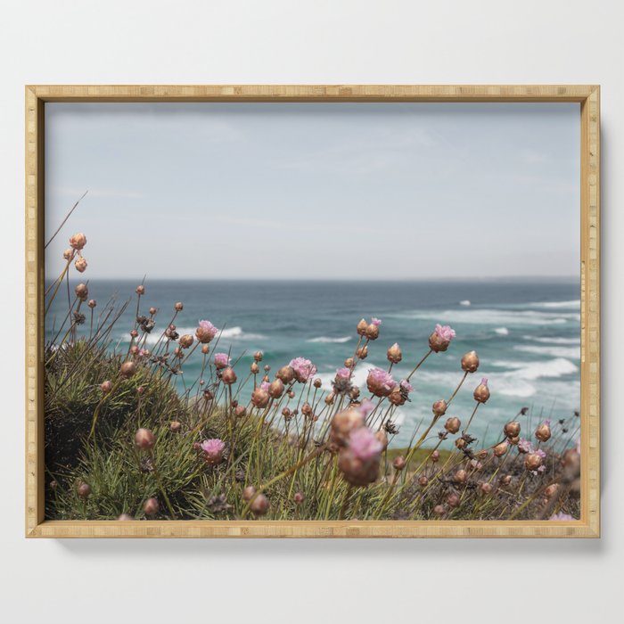 Pink Flowers by the Ocean | Travel Photography in Portugal Art Print | Summer at Bordeira Beach Serving Tray Gallery Image 1