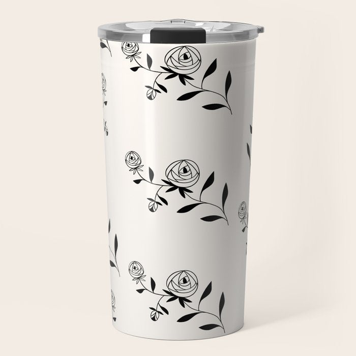 Abstract Rose Pattern - Black and Ivory Travel Mug Gallery Image 1