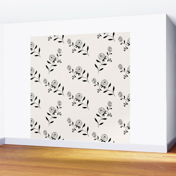 Abstract Rose Pattern - Black and Ivory Wall Mural Gallery Image 2