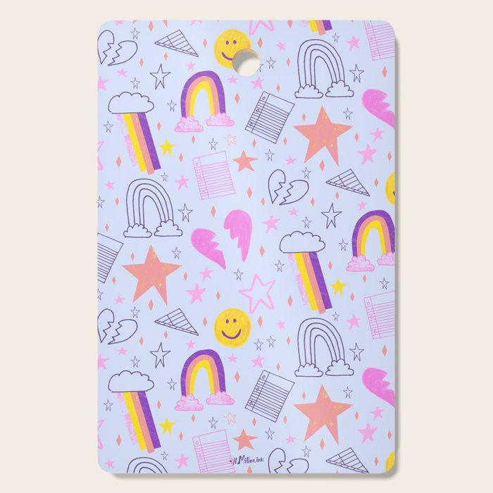 Happy Smiley Face & Retro Rainbows in Periwinkle & Pink Cutting Board Gallery Image 1