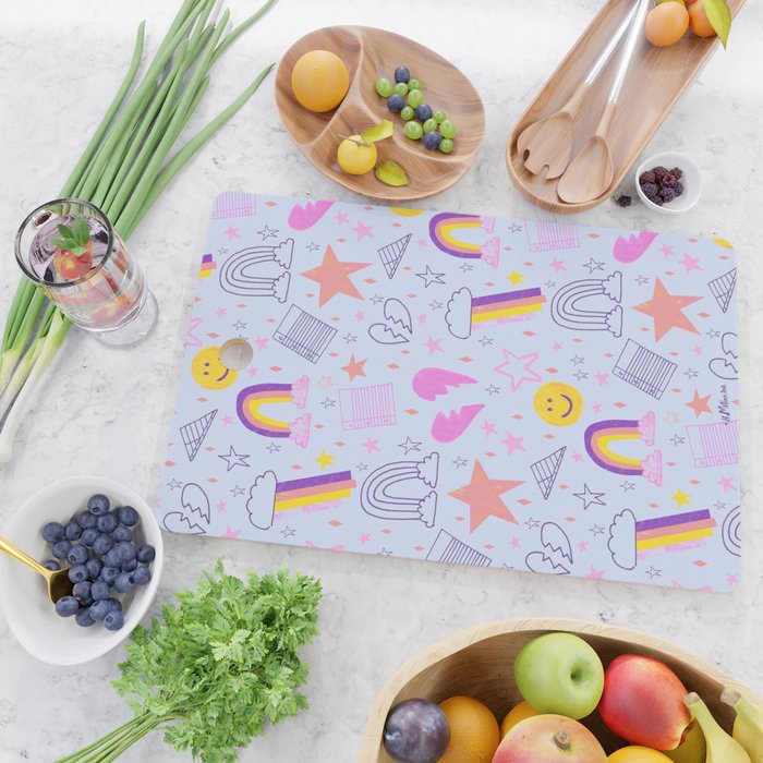Happy Smiley Face & Retro Rainbows in Periwinkle & Pink Cutting Board Gallery Image 2