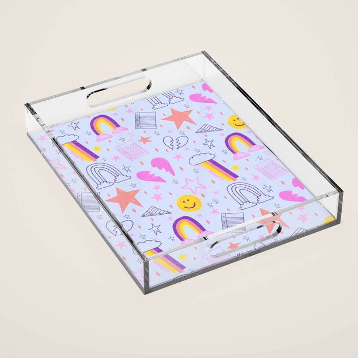 Happy Smiley Face & Retro Rainbows in Periwinkle & Pink Acrylic Tray Gallery Image 1