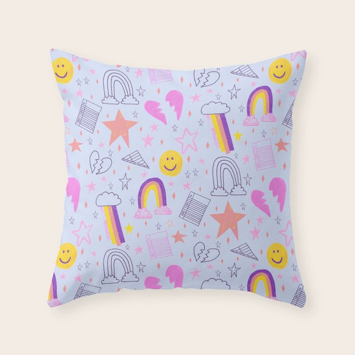 Happy Smiley Face & Retro Rainbows in Periwinkle & Pink Throw Pillow Gallery Image 6