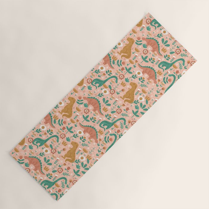 Folk Floral Dinosaurs in Pink Yoga Mat Gallery Image 1