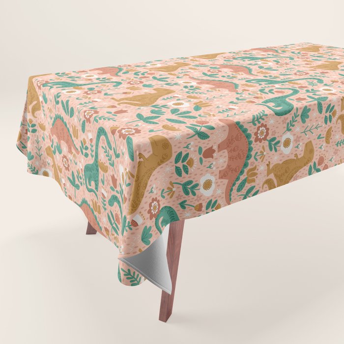Folk Floral Dinosaurs in Pink Tablecloth Gallery Image 1