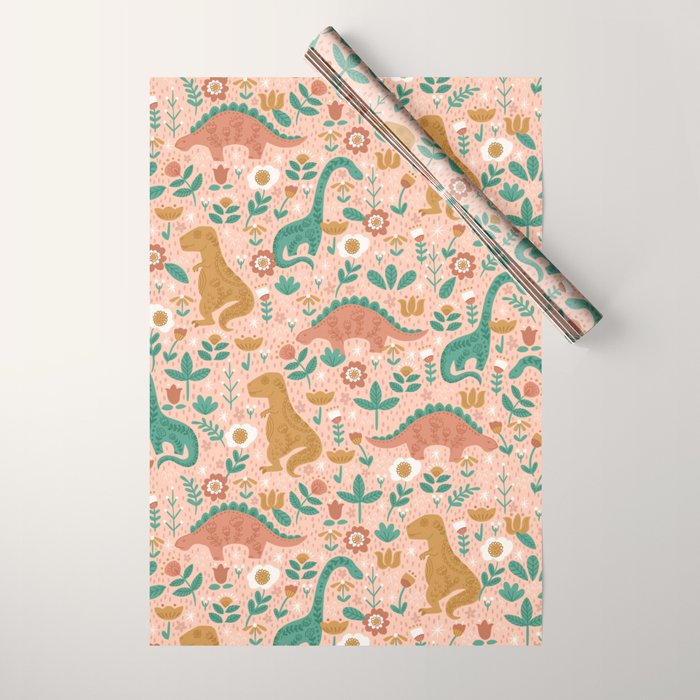 Folk Floral Dinosaurs in Pink Wrapping Paper Gallery Image 1