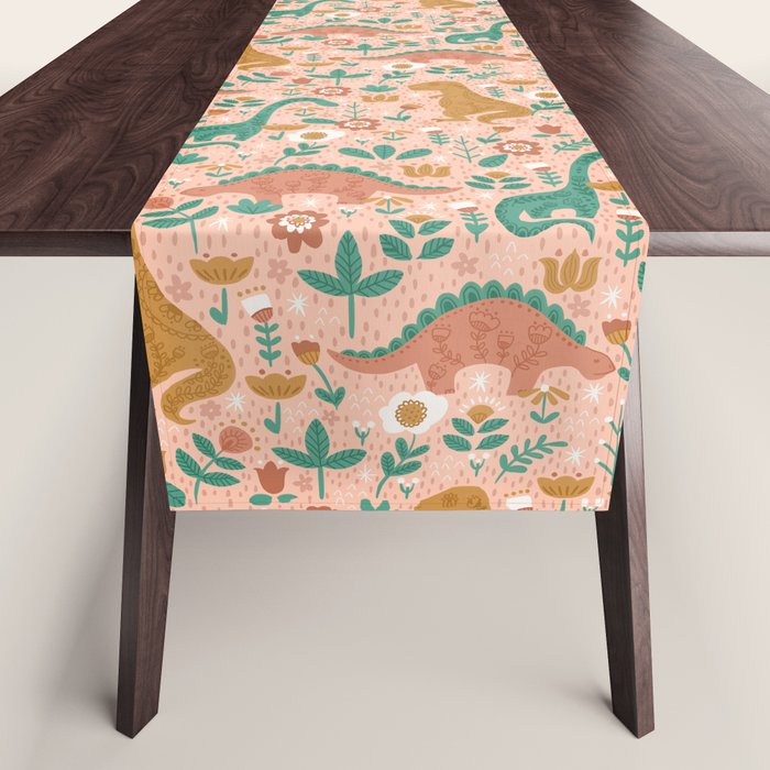 Folk Floral Dinosaurs in Pink Table Runner Gallery Image 1