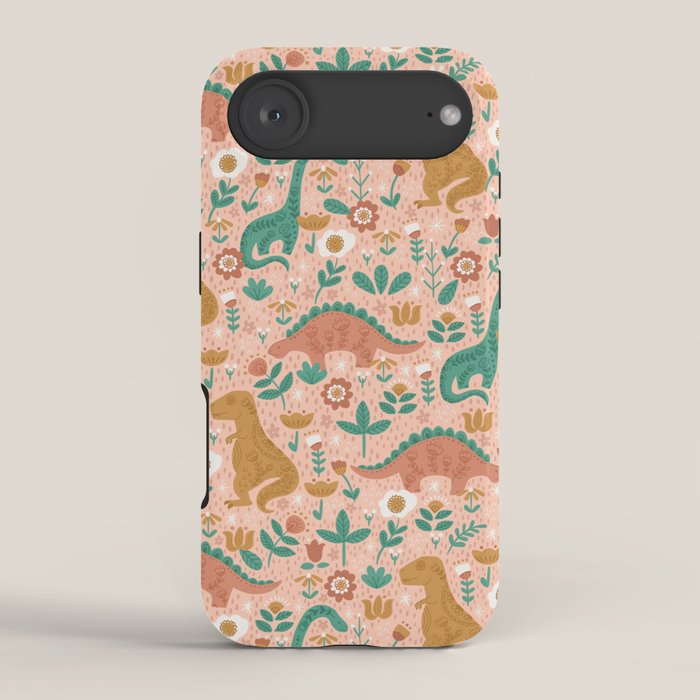 Folk Floral Dinosaurs in Pink iPhone Case Gallery Image 2