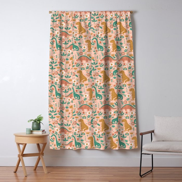 Folk Floral Dinosaurs in Pink Window Curtain Gallery Image 5