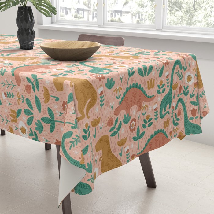 Folk Floral Dinosaurs in Pink Tablecloth Gallery Image 3