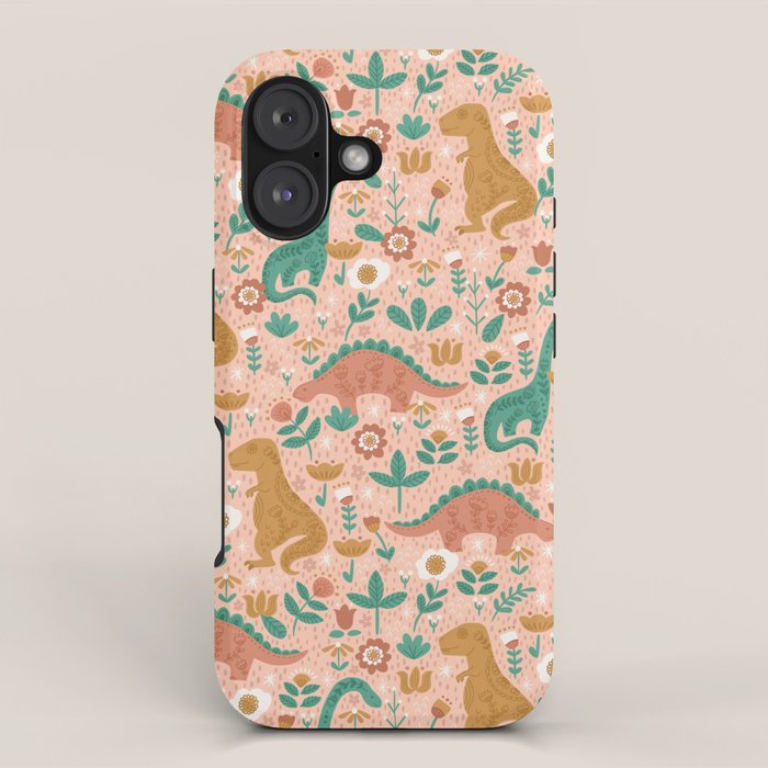 Folk Floral Dinosaurs in Pink iPhone Case Gallery Image 1