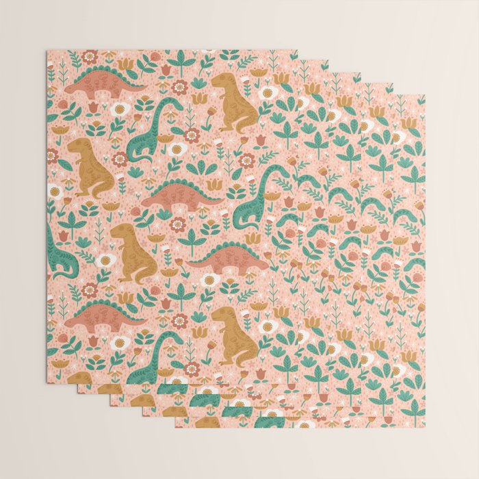 Folk Floral Dinosaurs in Pink Wrapping Paper Gallery Image 3