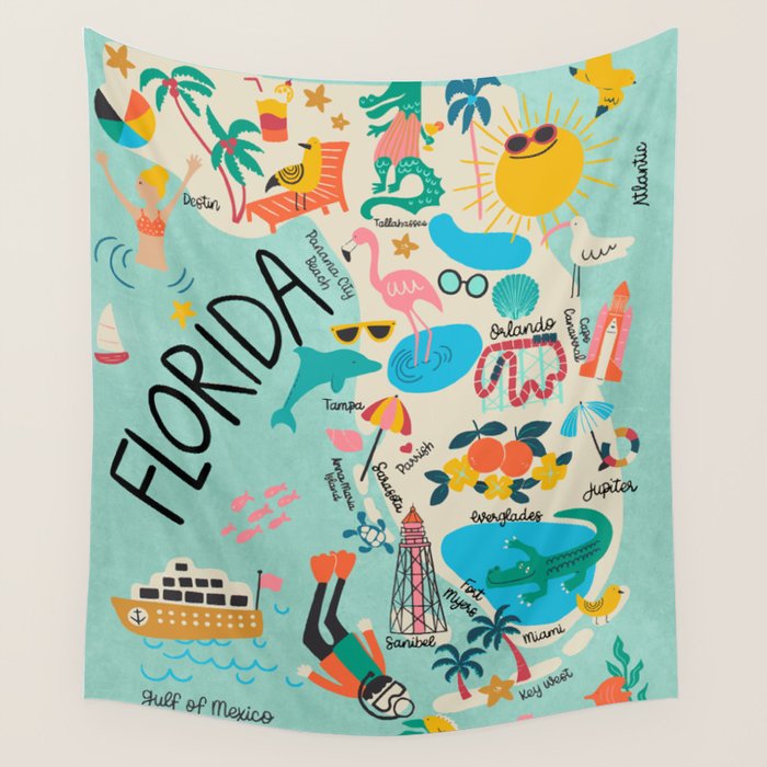 Florida State Beach Map Wall Tapestry Gallery Image 1