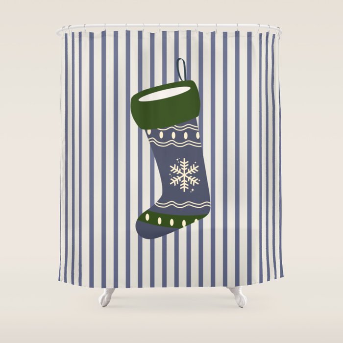 Christmas Stocking Blue Shower Curtain Gallery Image 1