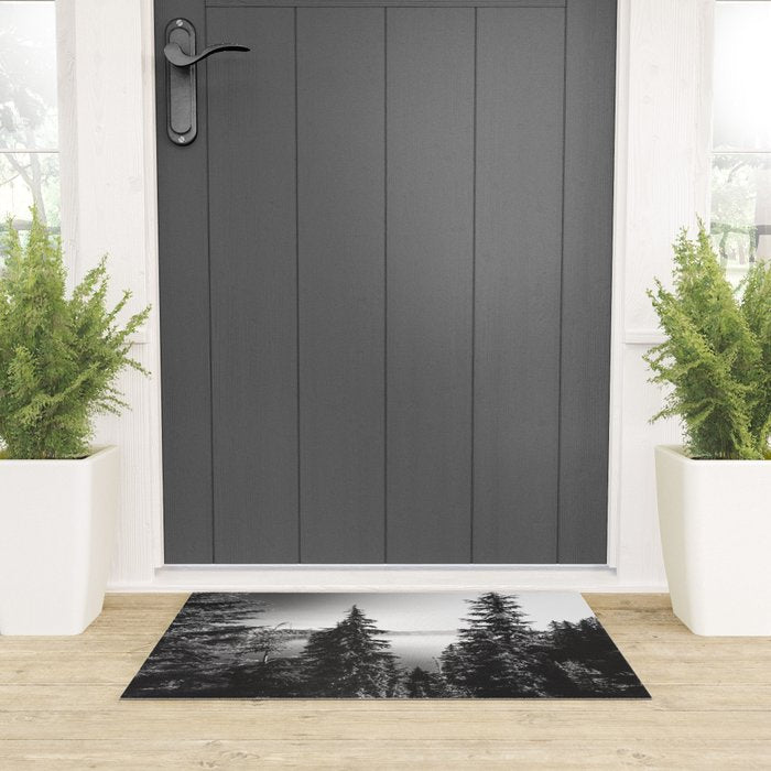 Mountain Lake Forest Black and White Nature Photography Welcome Mat Gallery Image 3