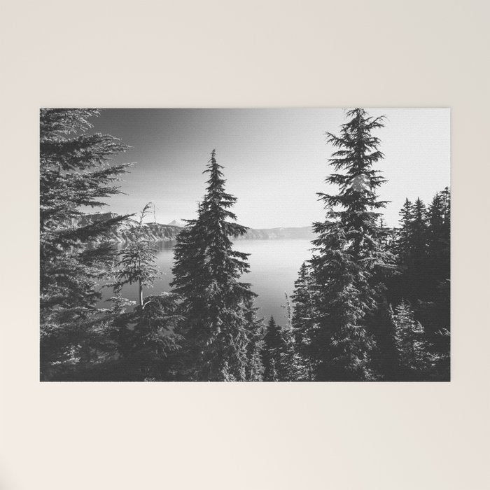 Mountain Lake Forest Black and White Nature Photography Welcome Mat Gallery Image 1