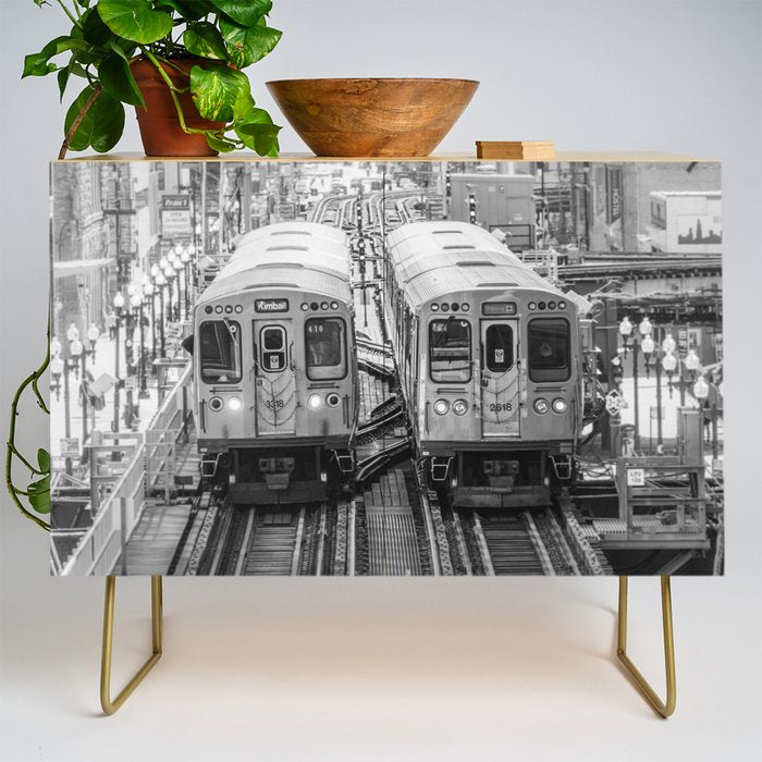 Black and White Chicago Train El Train above Wabash Ave the Loop Windy City Credenza Gallery Image 1