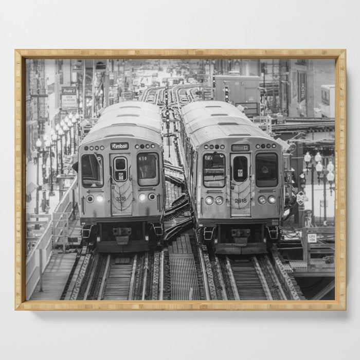 Black and White Chicago Train El Train above Wabash Ave the Loop Windy City Serving Tray Gallery Image 1