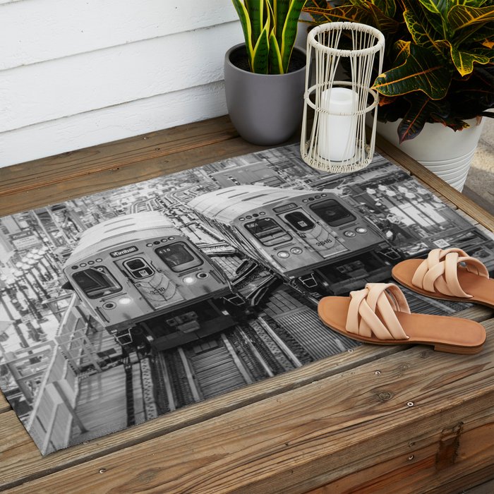 Black and White Chicago Train El Train above Wabash Ave the Loop Windy City Outdoor Rug Gallery Image 2