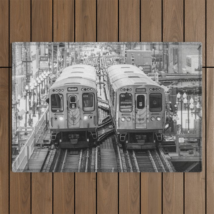 Black and White Chicago Train El Train above Wabash Ave the Loop Windy City Outdoor Rug Gallery Image 1