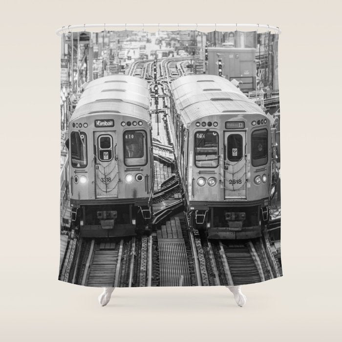 Black and White Chicago Train El Train above Wabash Ave the Loop Windy City Shower Curtain Gallery Image 1
