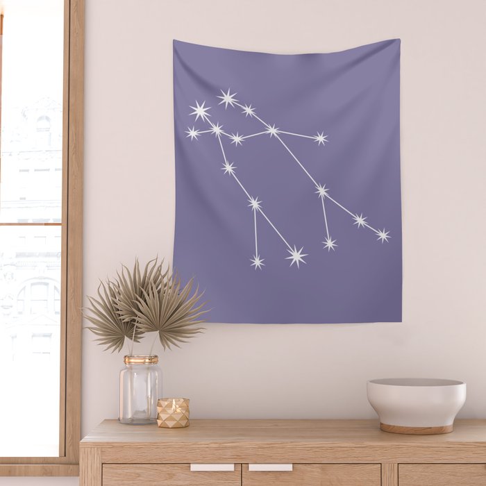 Gemini Zodiac Star Constellation Line Art Lavender Purple Wall Tapestry Gallery Image 2
