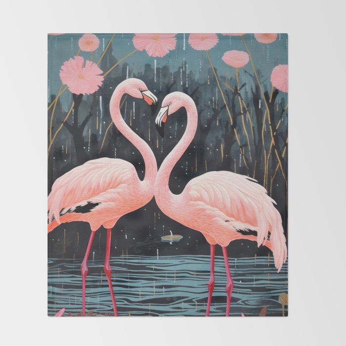 Pink Flamingos Pair In The Teal Rain Throw Blanket Gallery Image 2