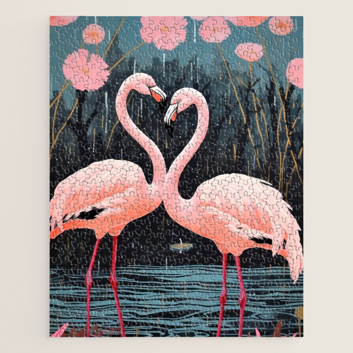 Pink Flamingos Pair In The Teal Rain Jigsaw Puzzle Gallery Image 1