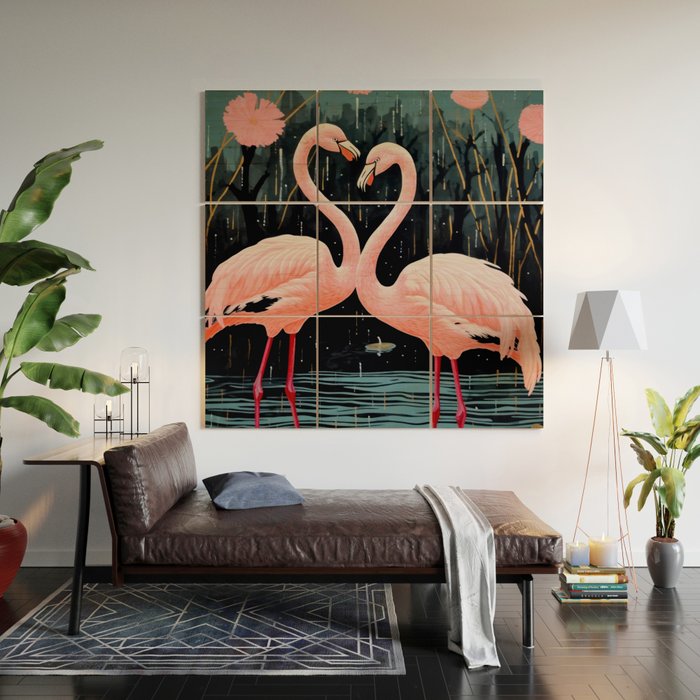 Pink Flamingos Pair In The Teal Rain Wood Wall Art Gallery Image 2