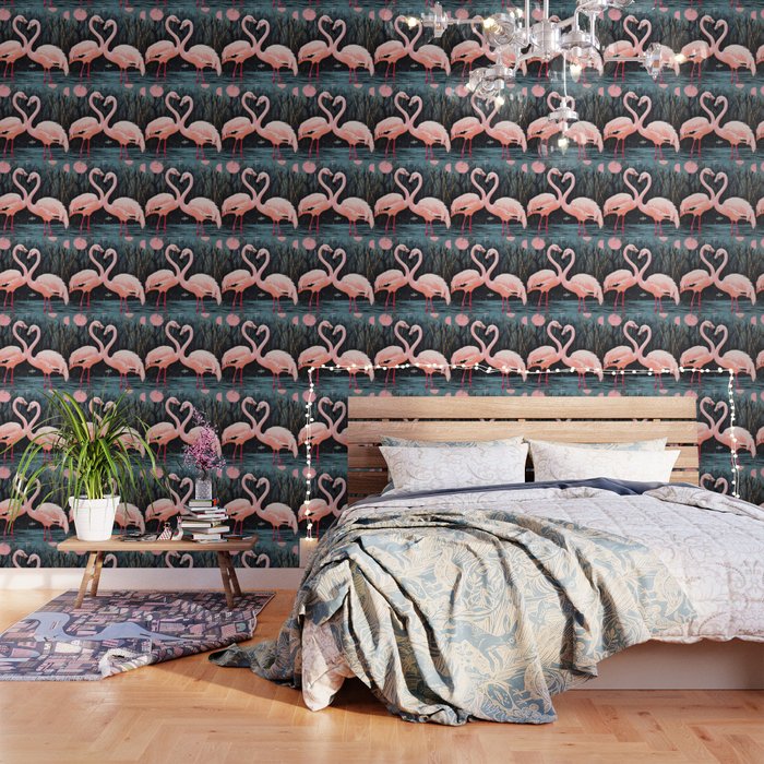 Pink Flamingos Pair In The Teal Rain Wallpaper Gallery Image 1