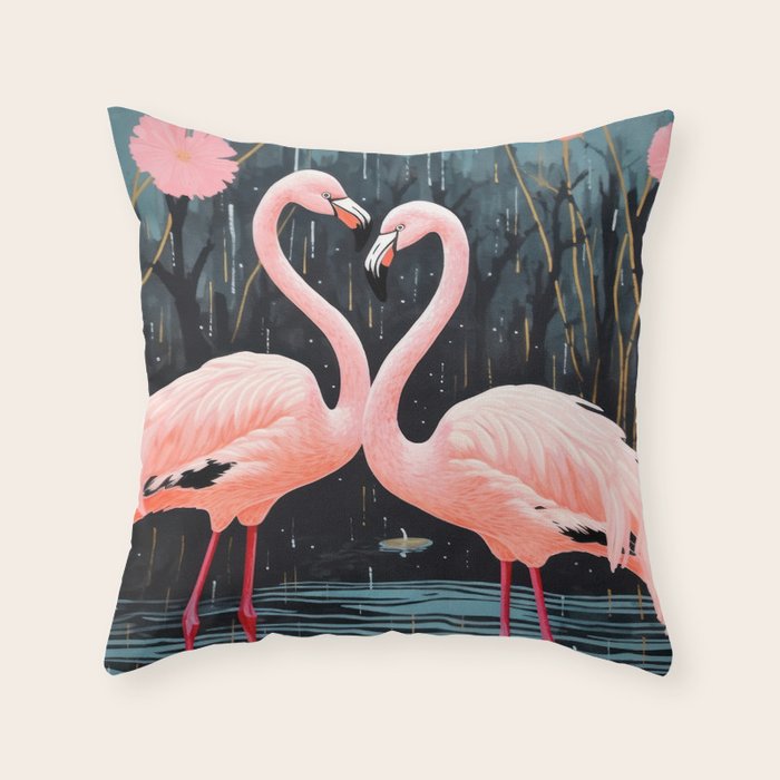 Pink Flamingos Pair In The Teal Rain Throw Pillow Gallery Image 1
