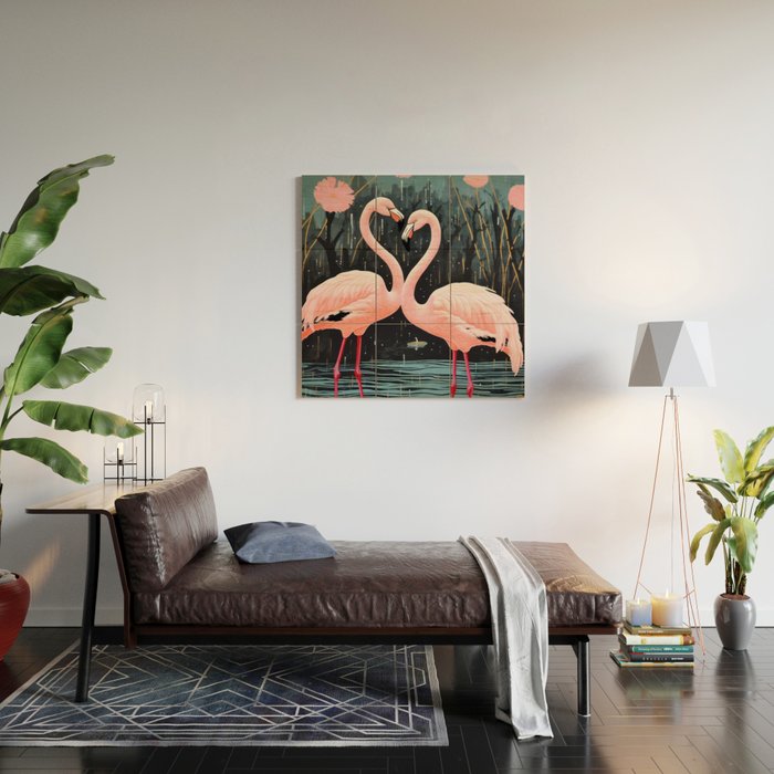 Pink Flamingos Pair In The Teal Rain Wood Wall Art Gallery Image 2