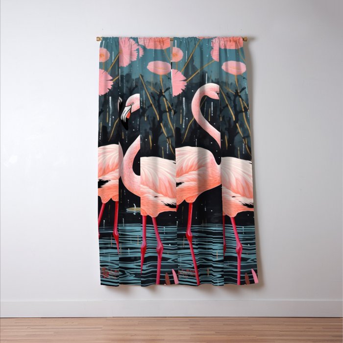 Pink Flamingos Pair In The Teal Rain Window Curtain Gallery Image 3