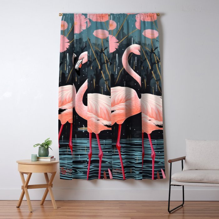 Pink Flamingos Pair In The Teal Rain Window Curtain Gallery Image 1