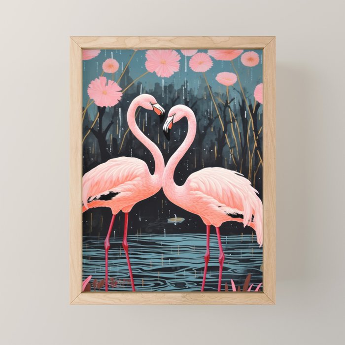 Pink Flamingos Pair In The Teal Rain Mini Art Print Gallery Image 1