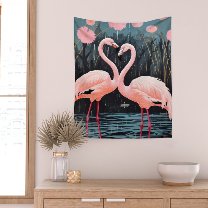 Pink Flamingos Pair In The Teal Rain Wall Tapestry Gallery Image 2