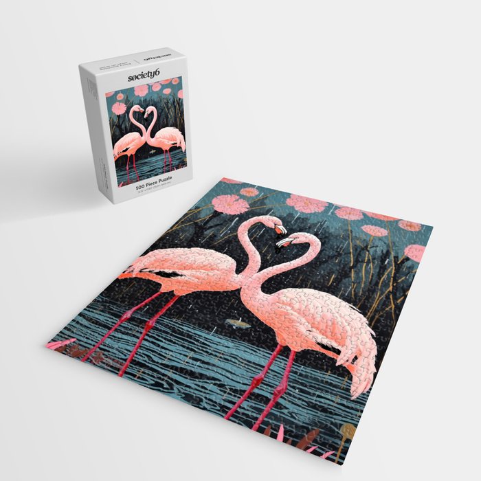 Pink Flamingos Pair In The Teal Rain Jigsaw Puzzle Gallery Image 2