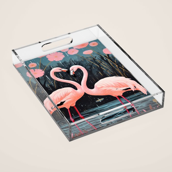 Pink Flamingos Pair In The Teal Rain Acrylic Tray Gallery Image 1
