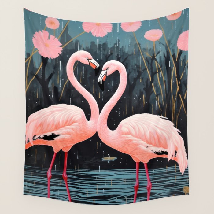 Pink Flamingos Pair In The Teal Rain Wall Tapestry Gallery Image 1